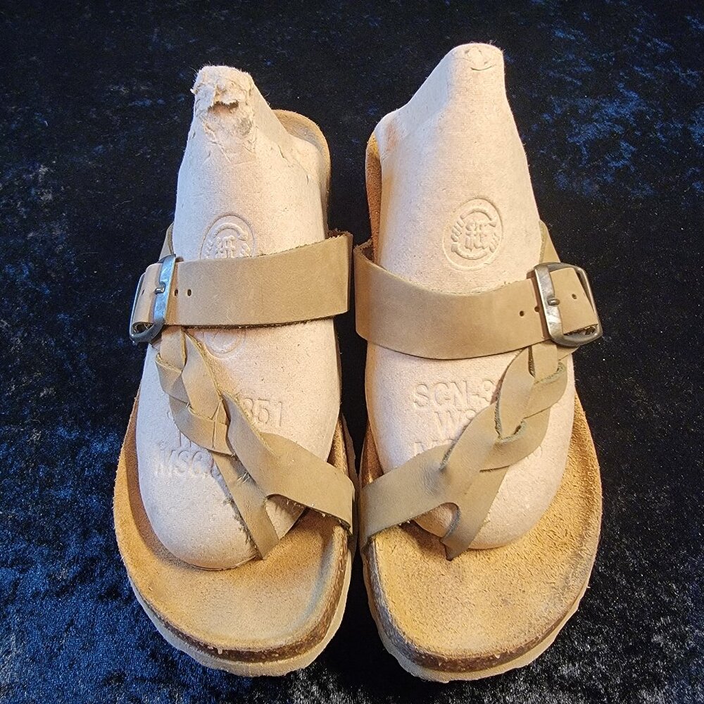 Mila Paoli Italy Women Tan Leather Braided Strap Cork Wedge Sandals Shoes